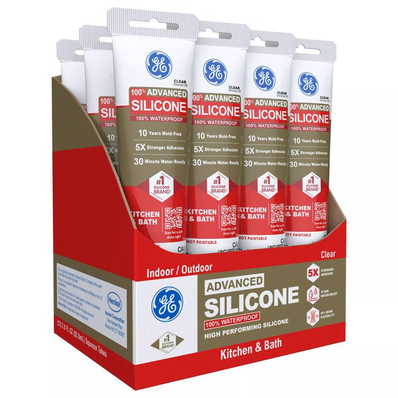 GE Advanced Clear Silicone 2 Kitchen and Bath Caulk Sealant 2.8 oz - Case of 12