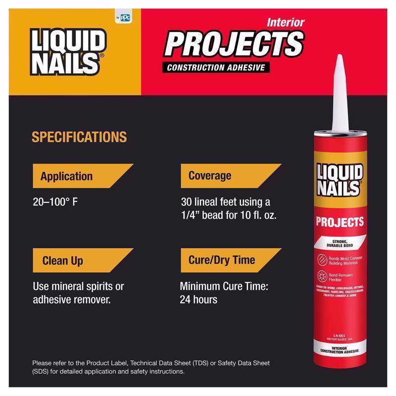 Liquid Nails Interior Projects Synthetic Rubber Construction Adhesive 10 oz - Case of 12