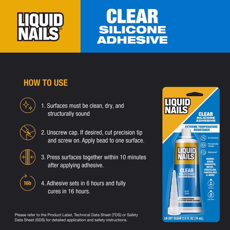 Liquid Nails Clear Small Projects High Strength Silicone Clear Adhesive 2.5 oz - Case of 6