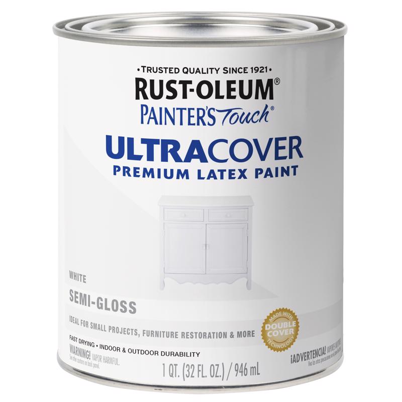 Rust-Oleum Painters Touch Ultra Cover Semi-Gloss White Water-Based Paint Exterior and Interior 1 qt - Case of 2