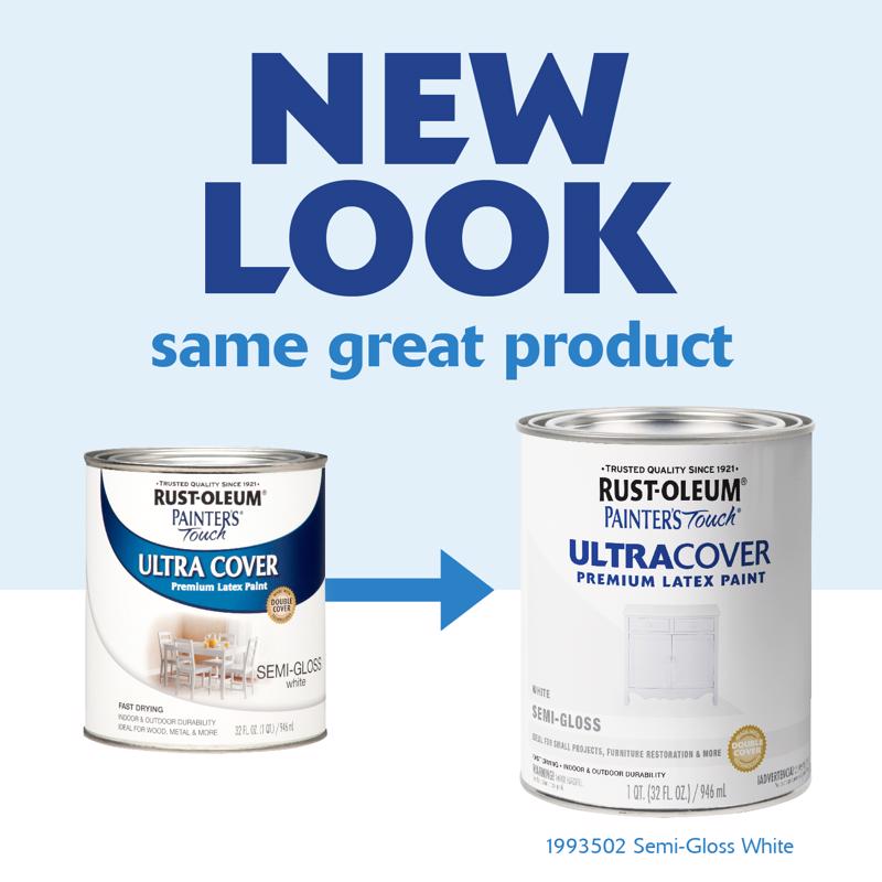 Rust-Oleum Painters Touch Ultra Cover Semi-Gloss White Water-Based Paint Exterior and Interior 1 qt - Case of 2