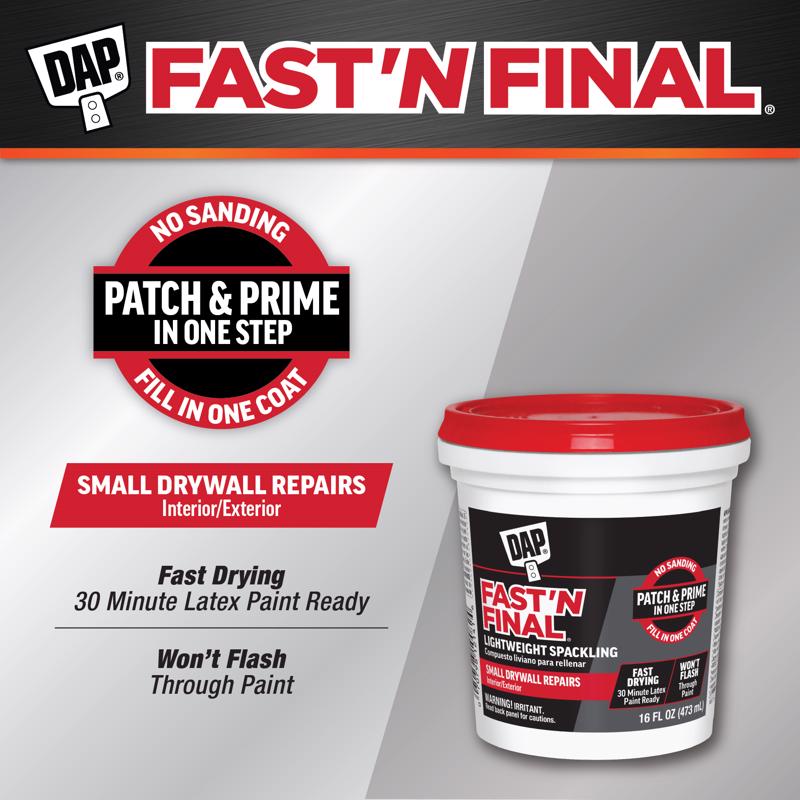 DAP Fast 'N Final Ready to Use White Lightweight Spackling Compound 16 oz - Case of 12