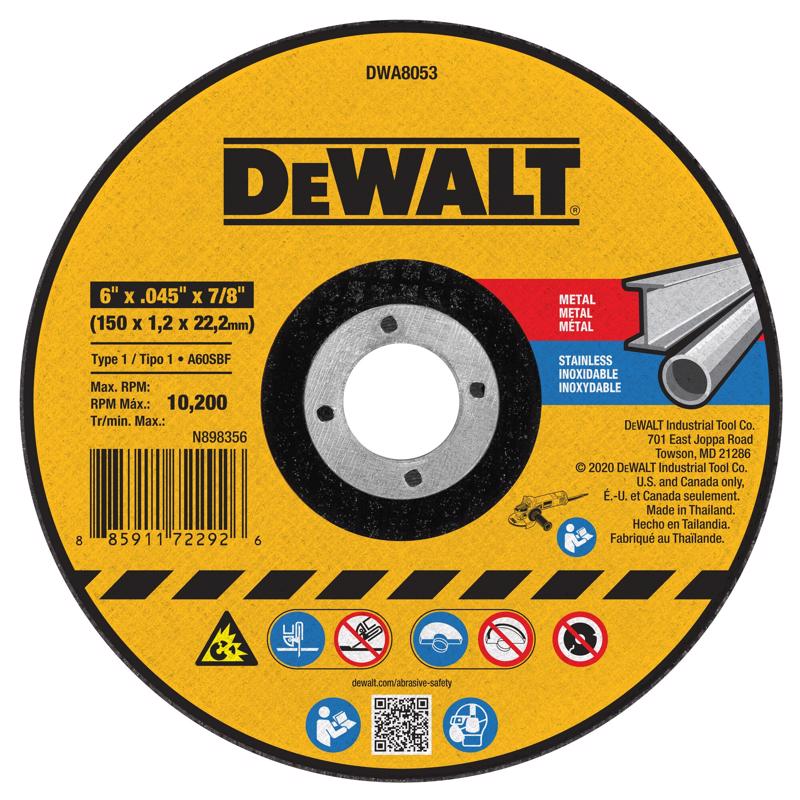 DeWalt 6 in. D X 7/8 in. X 0.045 in. thick Aluminum Oxide Cutting Wheel 1 pk