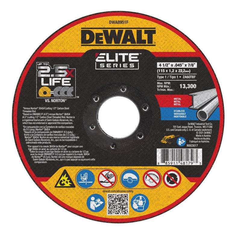 DeWalt Elite Series 4-1/2 in. D X 7/8 in. X 0.045 in. thick Ceramic Cutting Wheel 1 pk