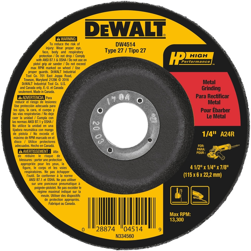 DeWalt High Performance 4.5 in. D X 7/8 in. X 1/4 in. thick Grinding Wheel 1 pc