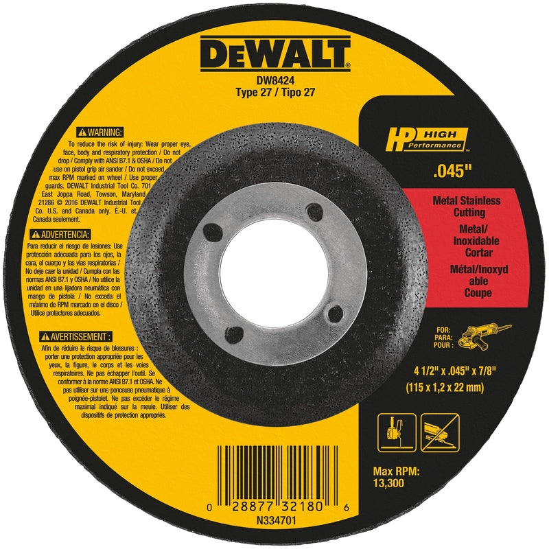 DeWalt High Performance 4-1/2 in. D X 7/8 in. X .045 in. thick Aluminum Oxide Cut-Off Wheel 1 pk