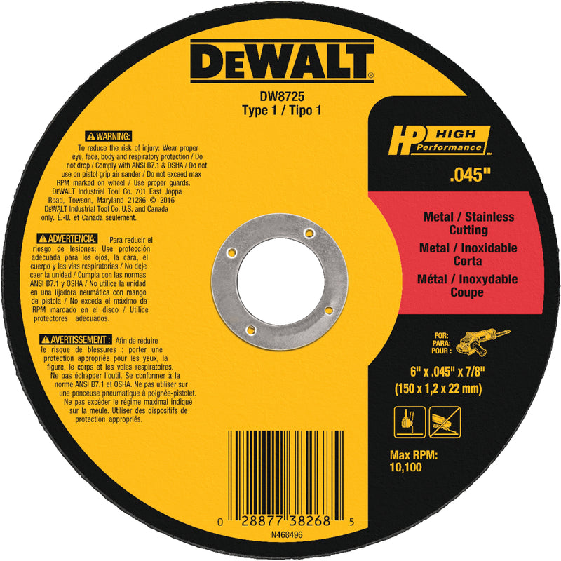 DeWalt High Performance 6 in. D X 7/8 in. X .045 in. thick Aluminum Oxide Cut-Off Wheel 1 pc