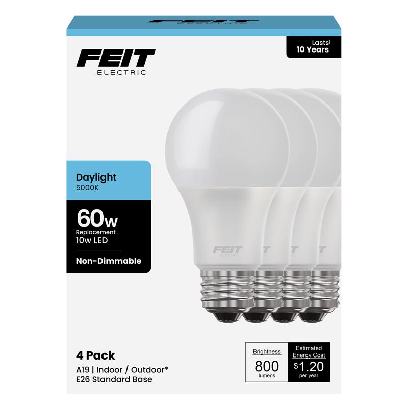 Feit A19 E26 (Medium) LED Bulb Daylight 60 Watt Equivalence 4 pk - Case of 12