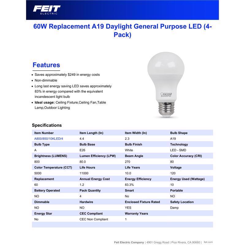 Feit A19 E26 (Medium) LED Bulb Daylight 60 Watt Equivalence 4 pk - Case of 12