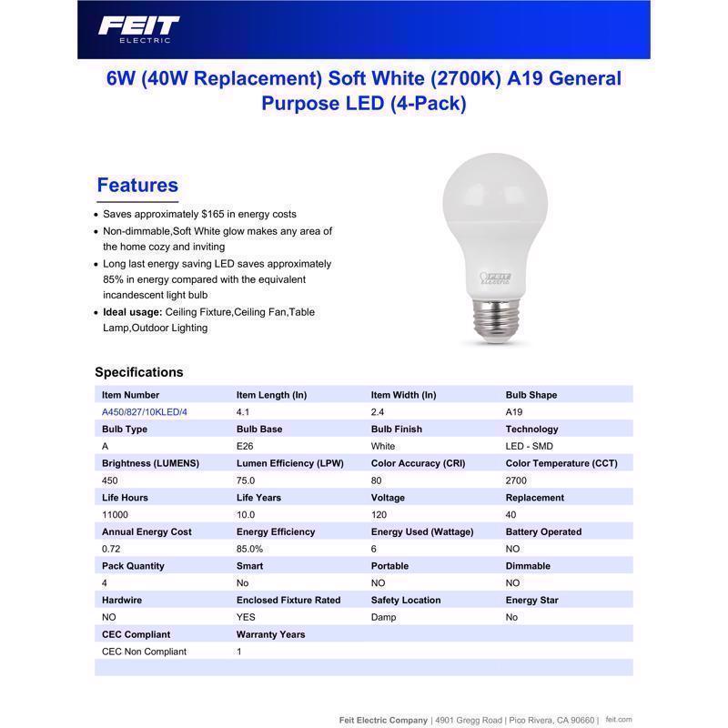 Feit A19 E26 (Medium) LED Bulb Soft White 40 Watt Equivalence 4 pk