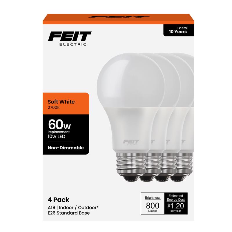 Feit A19 E26 (Medium) LED Bulb Soft White 60 Watt Equivalence 4 pk - Case of 12