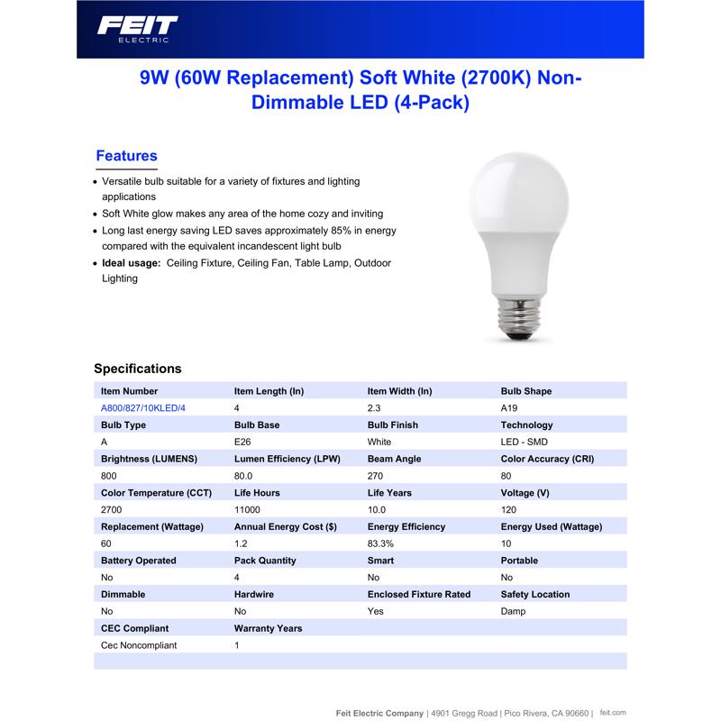 Feit A19 E26 (Medium) LED Bulb Soft White 60 Watt Equivalence 4 pk - Case of 12