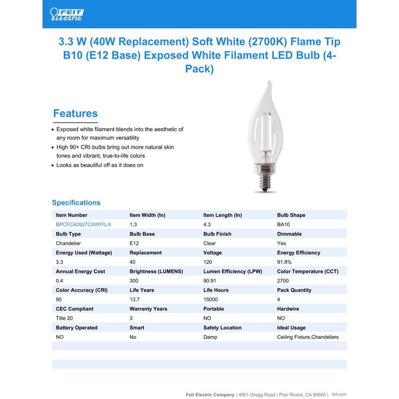 Feit White BA10 E12 (Candelabra) Filament LED Bulb Soft White 40 Watt Equivalence 4 pk