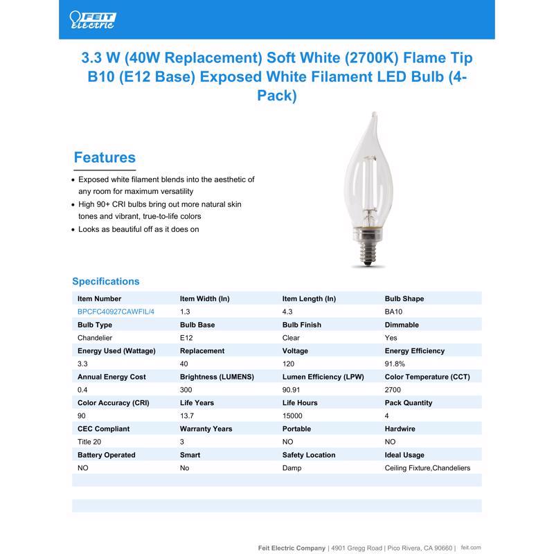 Feit White B10 E12 (Candelabra) Filament LED Bulb Soft White 60 Watt Equivalence 2 pk