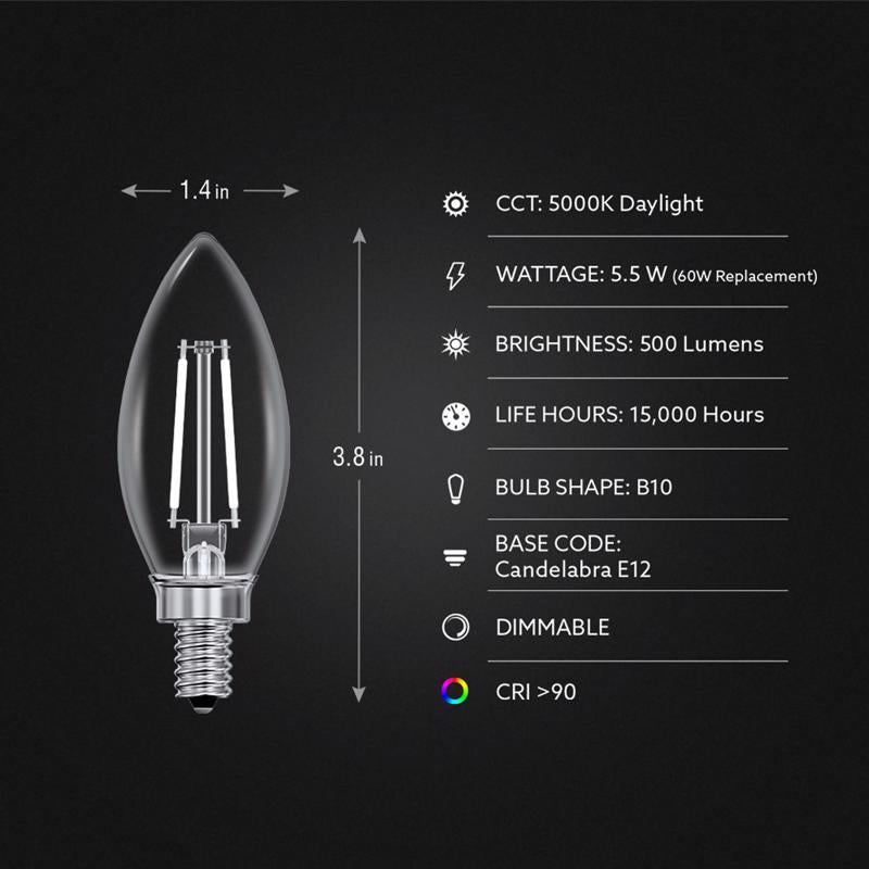 Feit White B10 E12 (Candelabra) Filament LED Bulb Daylight 60 Watt Equivalence 2 pk