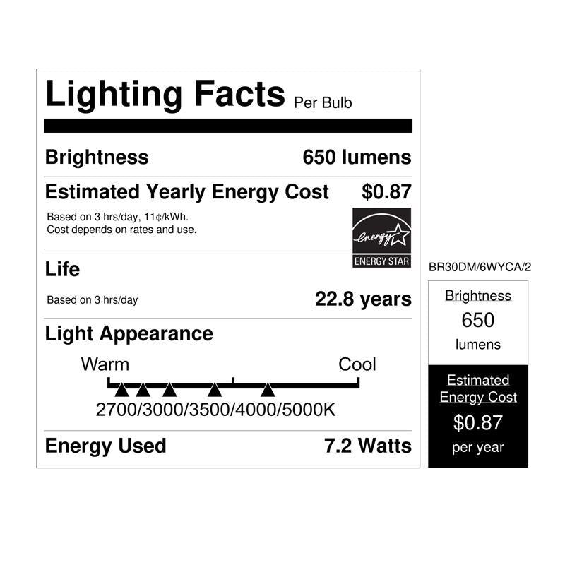 Feit BR30 E26 (Medium) LED Bulb Adjustable White 65 Watt Equivalence 2 pk