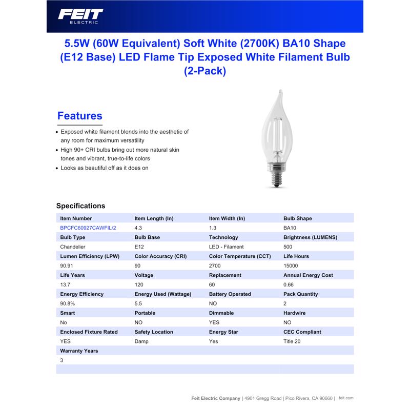 Feit White BA10 E12 (Candelabra) Filament LED Bulb Soft White 60 Watt Equivalence 2 pk