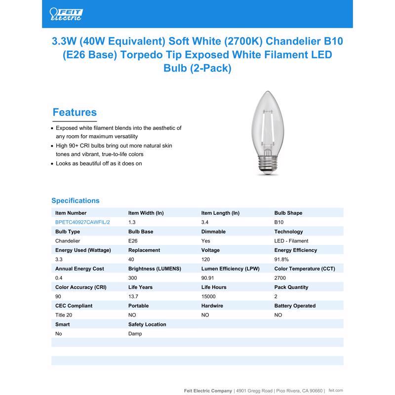 Feit White B10 E26 (Medium) Filament LED Bulb Soft White 40 Watt Equivalence 2 pk