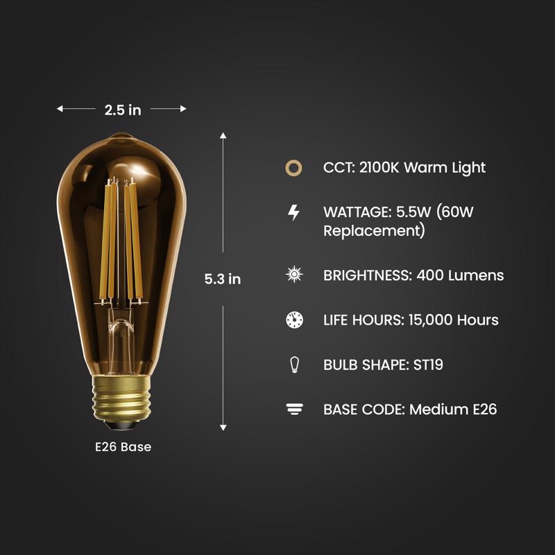 Feit ST19 E26 (Medium) Filament LED Bulb Warm Amber 60 Watt Equivalence 2 pk