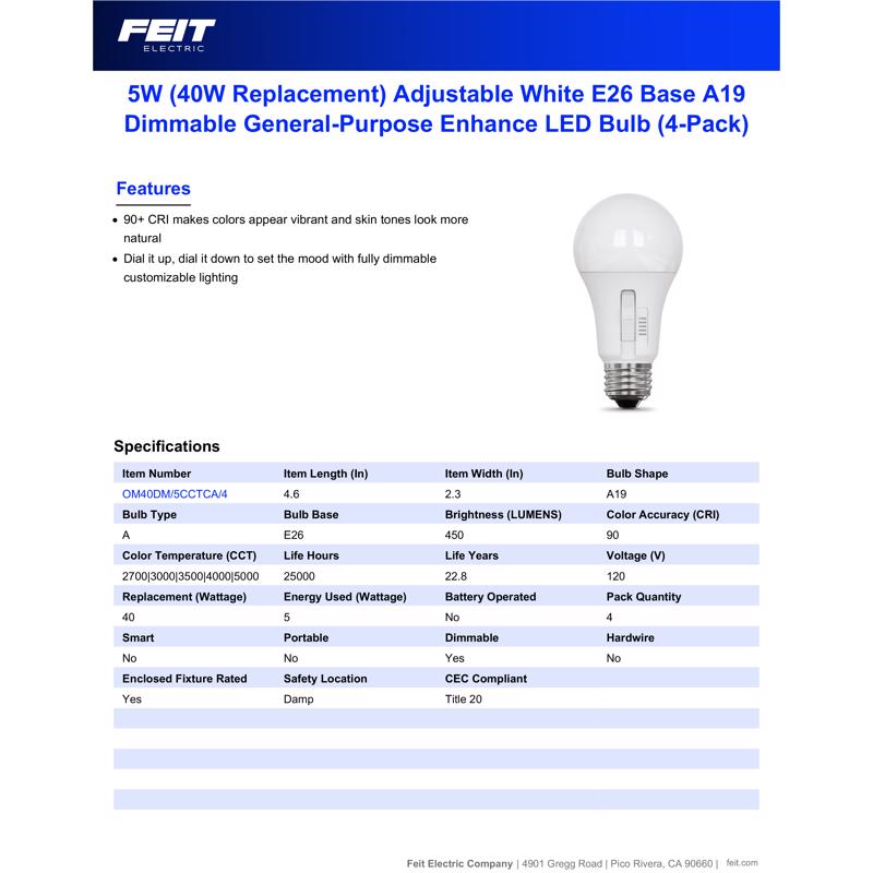 Feit A19 E26 (Medium) LED Bulb Adjustable White 40 Watt Equivalence 4 pk