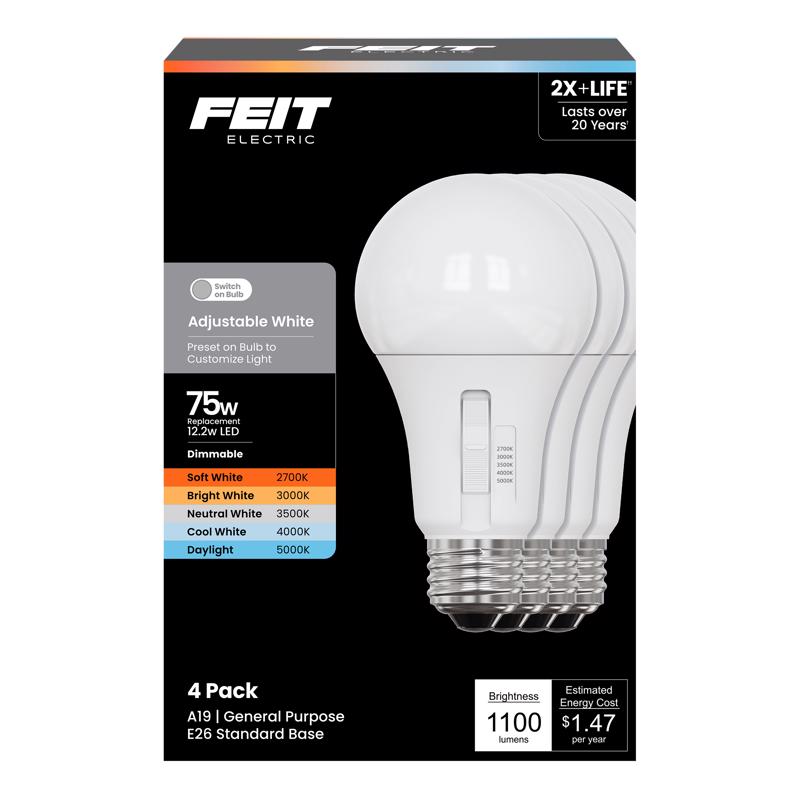 Feit A19 E26 (Medium) LED Bulb Adjustable White 75 Watt Equivalence 4 pk - Case of 75