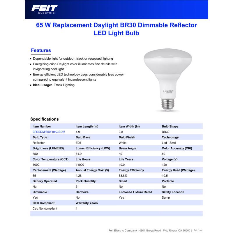 Feit BR30 E26 (Medium) LED Bulb Daylight 65 Watt Equivalence 6 pk
