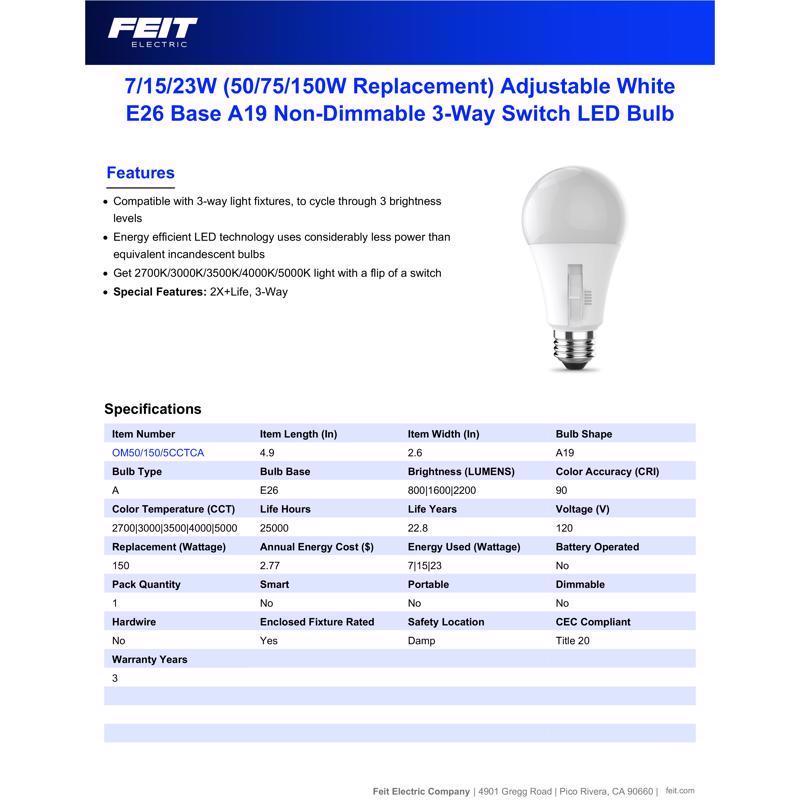 Feit A19 E26 (Medium) LED Bulb Adjustable White 50/75/150 Watt Equivalence 1 pk