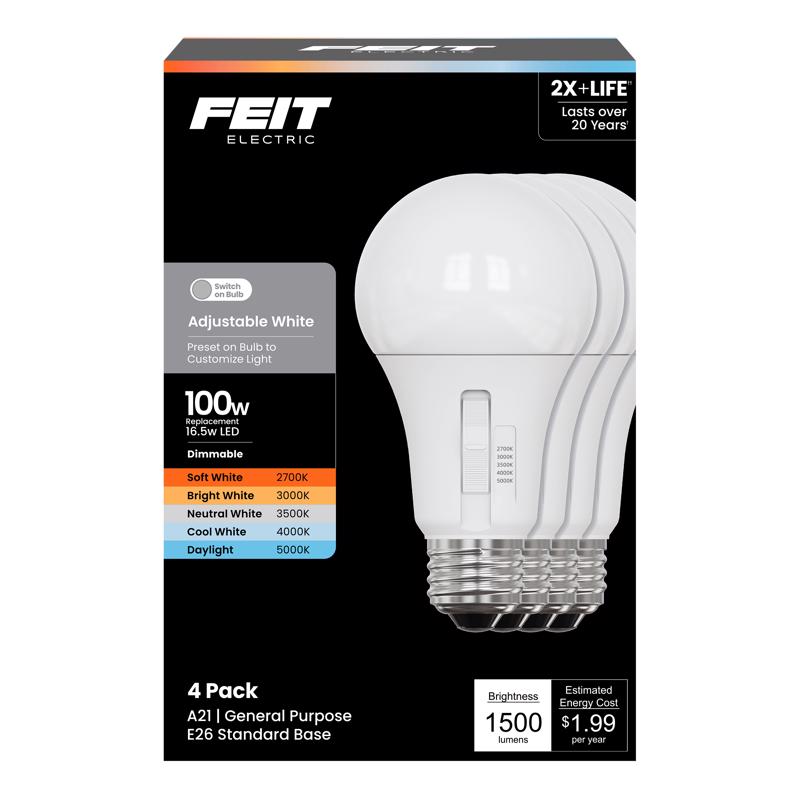 Feit A21 E26 (Medium) LED Bulb Adjustable White 100 Watt Equivalence 4 pk - Case of 100