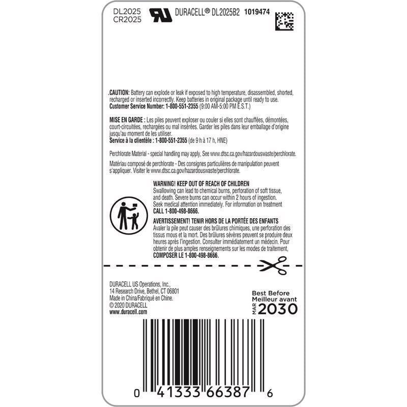 Duracell Lithium Coin 2025 3 V 165 mAh Medical Battery 2 pk