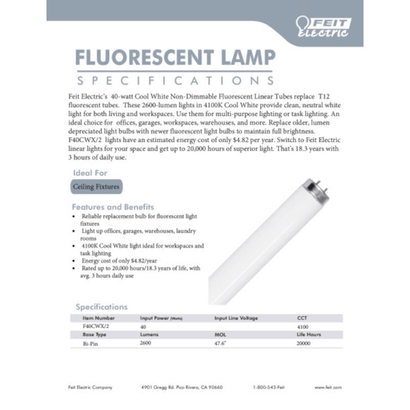 Feit Legacy Bulbs 40 W T12 1.5 in. D X 47.6 in. L Fluorescent Bulb Cool White Linear 4100 K 2 pk - Case of 10