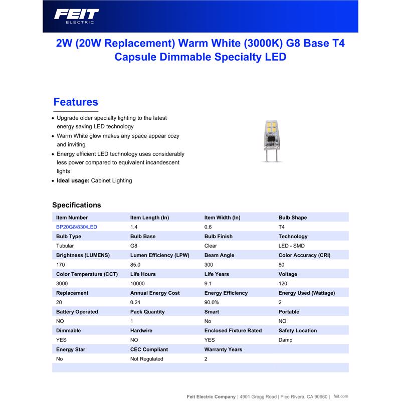 Feit T4 G8 LED Bulb Warm White 20 Watt Equivalence 1 pk