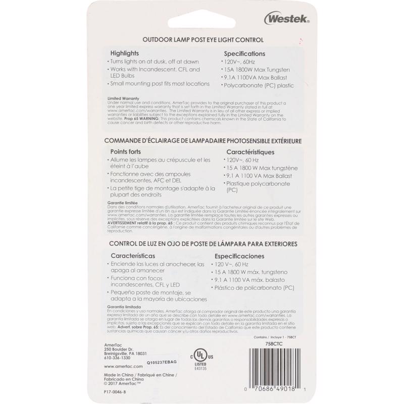 Westek Black Photoelectric Eye Light Control 1 pk