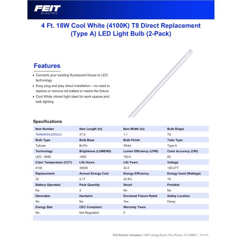 Feit Plug & Play T8 Cool White 47.5 in. Bi-Pin T8 LED Bulb 32 Watt Equivalence 2 pk - Case of 5