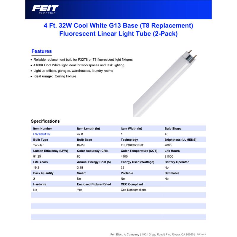 Feit Legacy Bulb 32 W T8 1 in. D X 47.6 in. L Fluorescent Bulb Cool White Linear 4100 K 2 pk - Case of 15