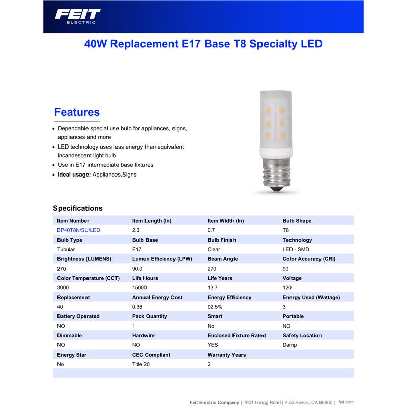 Feit T8 E17 (Intermediate) LED Bulb Warm White 40 Watt Equivalence 1 pk
