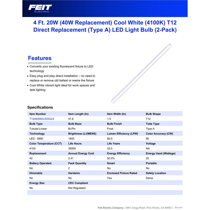 Feit Plug & Play T12 Cool White 48 in. G13 (Medium Bi-Pin) Linear LED Bulb 40 Watt Equivalence 2 pk - Case of 5