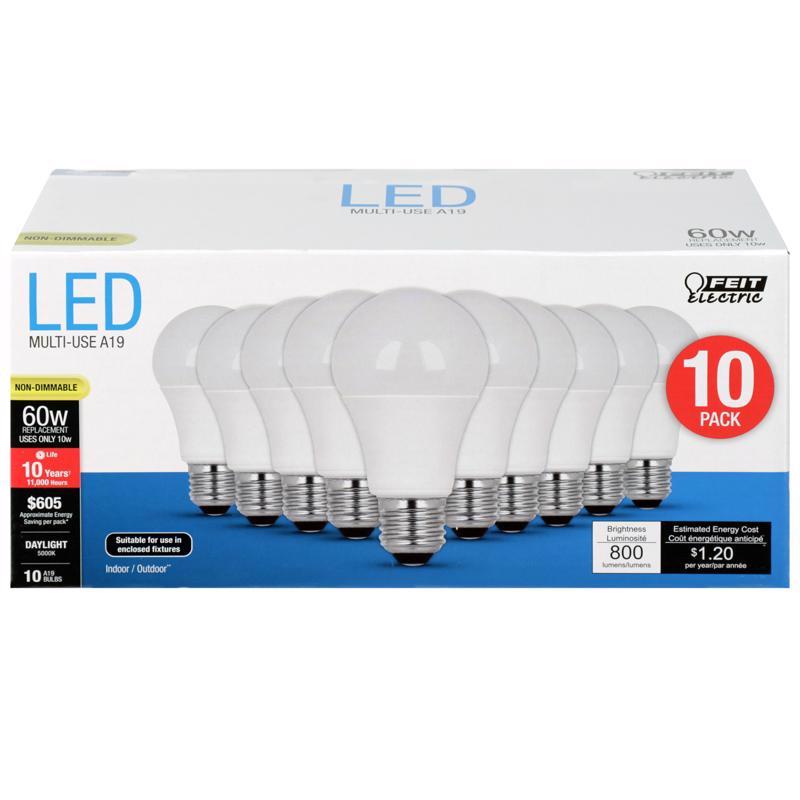 Feit A19 E26 (Medium) LED Bulb Daylight 60 Watt Equivalence 10 pk - Case of 4