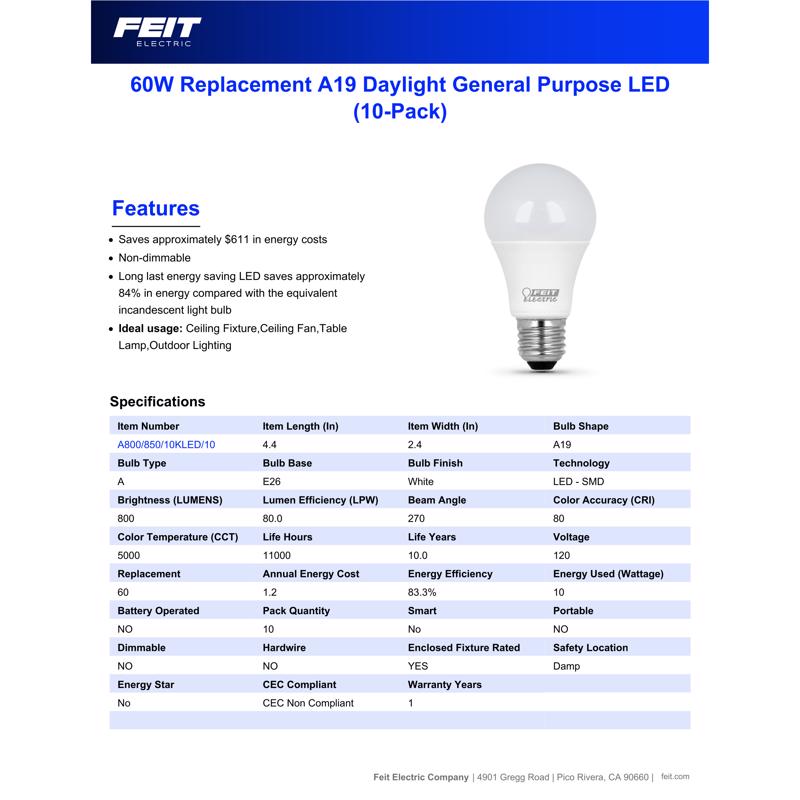 Feit A19 E26 (Medium) LED Bulb Daylight 60 Watt Equivalence 10 pk - Case of 4