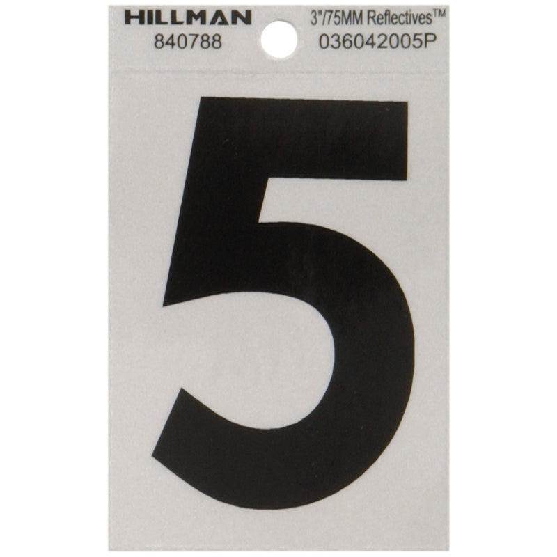 HILLMAN 3 in. Reflective Black Vinyl Self-Adhesive Number 5 1 pc - Case of 6