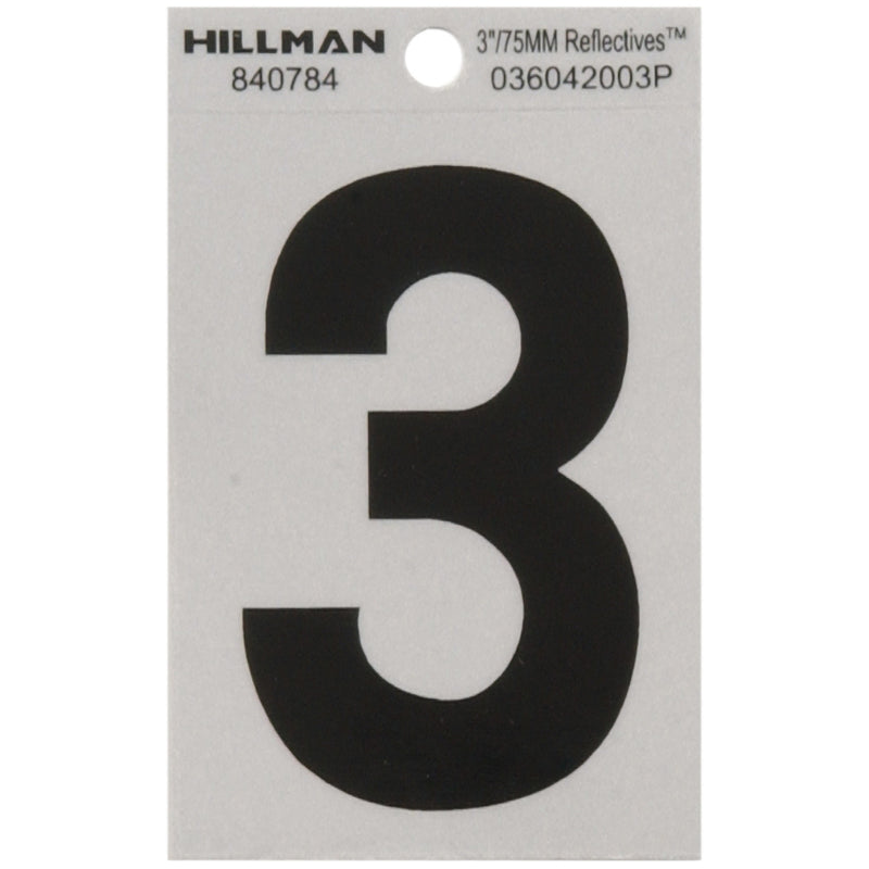 HILLMAN 3 in. Reflective Black Vinyl Self-Adhesive Number 3 1 pc - Case of 6