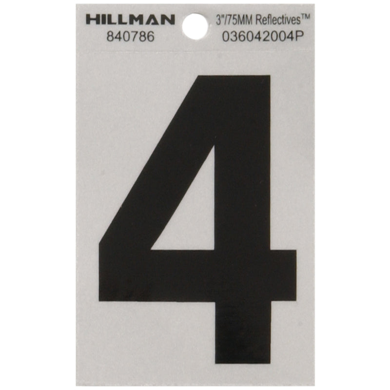 HILLMAN 3 in. Reflective Black Vinyl Self-Adhesive Number 4 1 pc - Case of 6