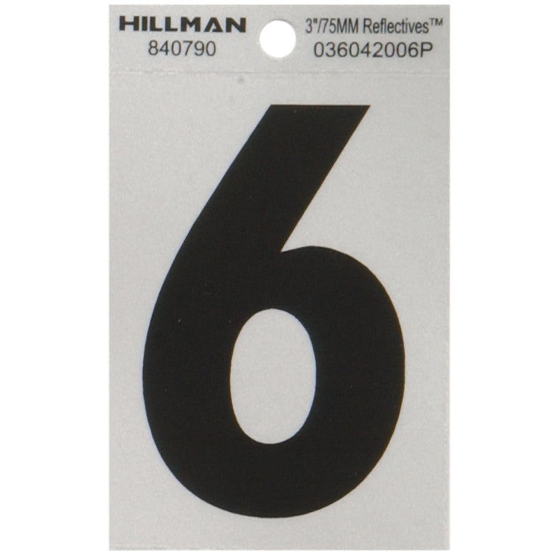HILLMAN 3 in. Reflective Black Vinyl Self-Adhesive Number 6 1 pc - Case of 6