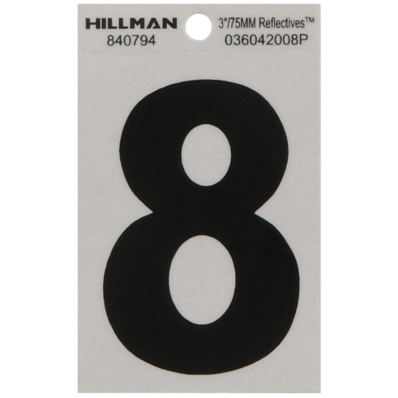 HILLMAN 3 in. Reflective Black Vinyl Self-Adhesive Number 8 1 pc - Case of 6