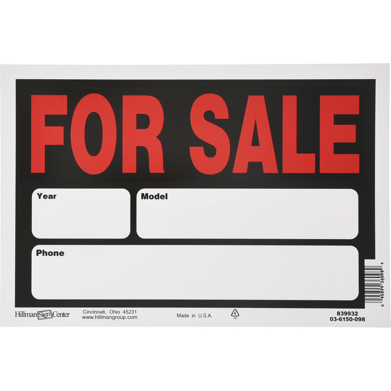 HILLMAN English Black Auto For Sale Sign 8 in. H X 12 in. W - Case of 6