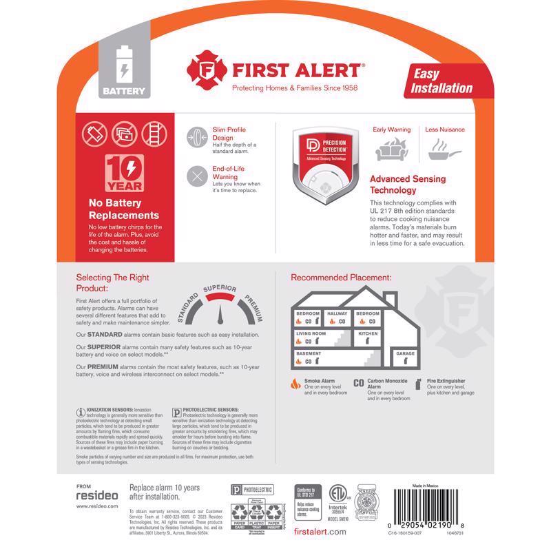 First Alert 10-Year Battery Photoelectric Slim Smoke Detector 1 pk - Case of 4