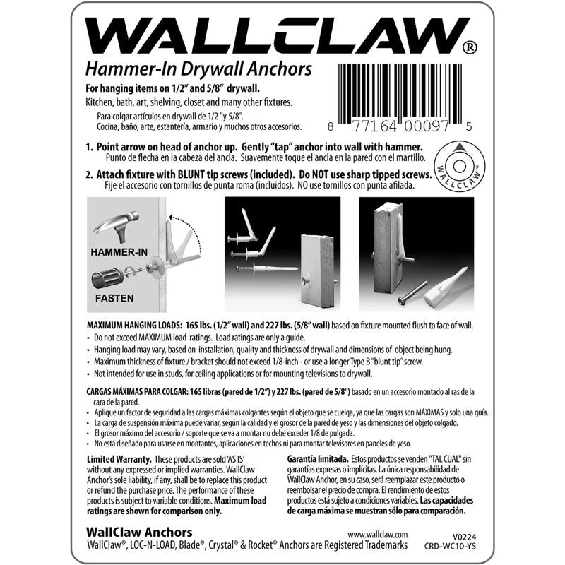 WallClaw Anchors LOC-N-LOAD .25 in. D X 2 in. L Plastic/Steel Pan Head Wallboard Anchors 10 pk