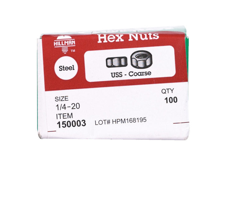 Hillman 1/4 in. Zinc-Plated Steel USS Hex Nut 100 pk