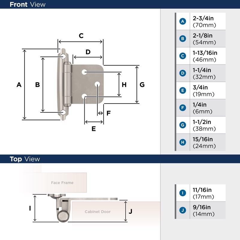 Amerock 1-3/4 in. W X 2-3/4 in. L Satin Nickel Silver Steel Self-Closing Hinge 2 pk