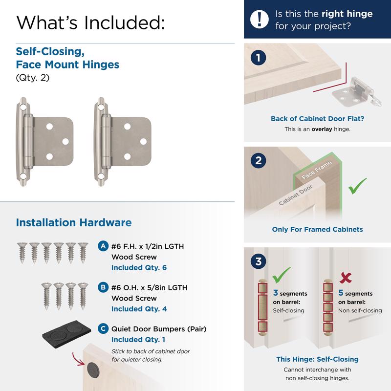 Amerock 1-3/4 in. W X 2-3/4 in. L Satin Nickel Silver Steel Self-Closing Hinge 2 pk