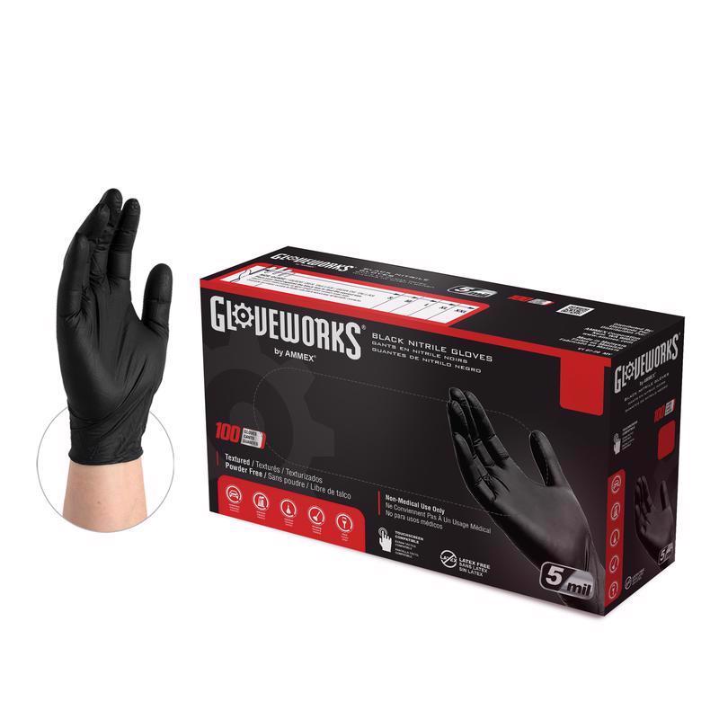 Gloveworks Nitrile Disposable Gloves Large Black Powder Free 100 pk - Case of 10